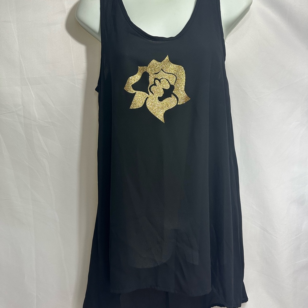 Chic Black Tank Top with Gold Floral Accent
